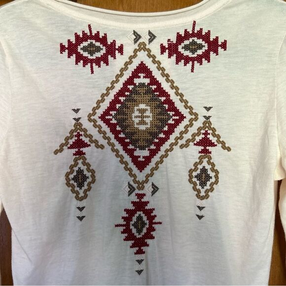 Johnny Was JW Los Angeles Cream Aztec Embroidered 3/4 Sleeve Tee Size Small - Picture 12 of 12